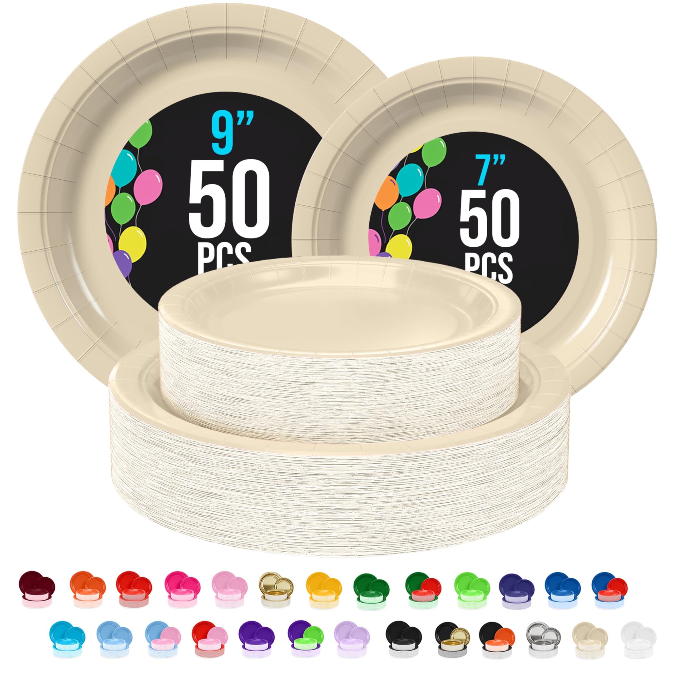 Exquisite Juego de 100 platos desechables de papel marfil de 50 a 7 pulgadas y 50 a 9 pulgadas, platos desechables de color marfil para fiestas, platos desechables resistentes para fiestas