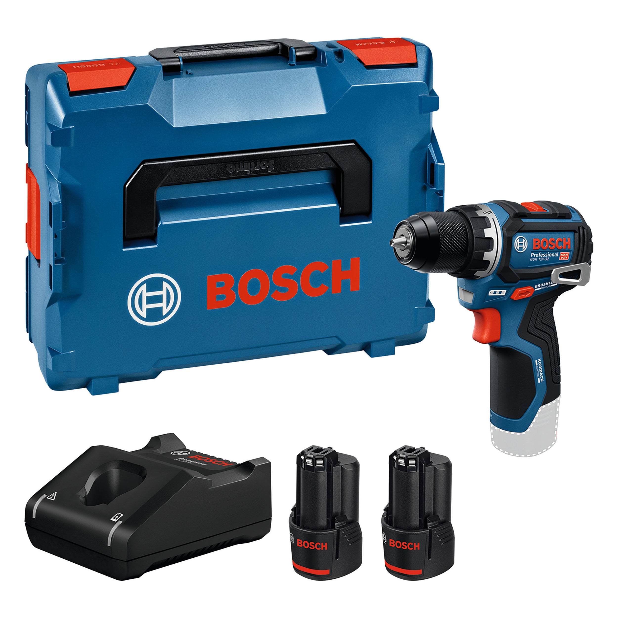 Bosch PRO 12V taladro/atornillador a batería GSR 12V-32 (KickBack control óptimo, motor Brushless sin escobillas, incl. 2x 3,0 Ah batería, GAL12V-40, L-BOXX)
