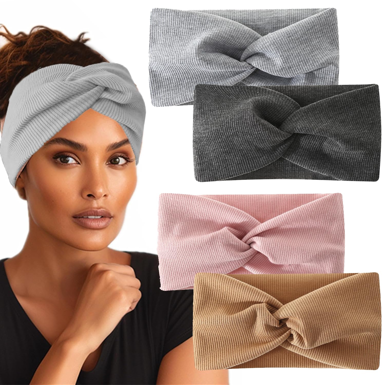 Norhogo 4 Stück Sommer Elastische Stirnbänder, Haarreif Elastisch Breites Stirnband Baumwollkreuz Stirnbänder Knoten Sport Headwrap Headband Yoga Haarschmuck für Damen Mädchen (Stil-c)