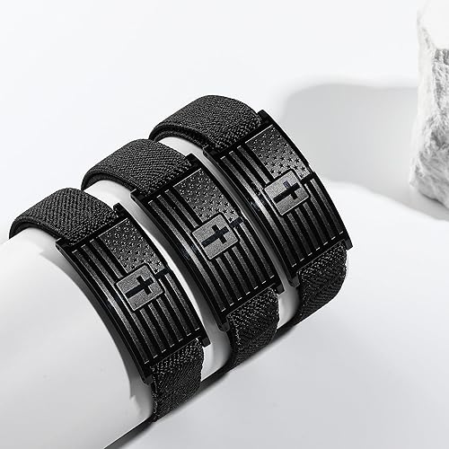 Miniatura 4 de Zocomi Pulsera de cruz de bandera estadounidense para hombres y mujeres, correa elástica negra, ajustable, versículo de la Biblia, joyería