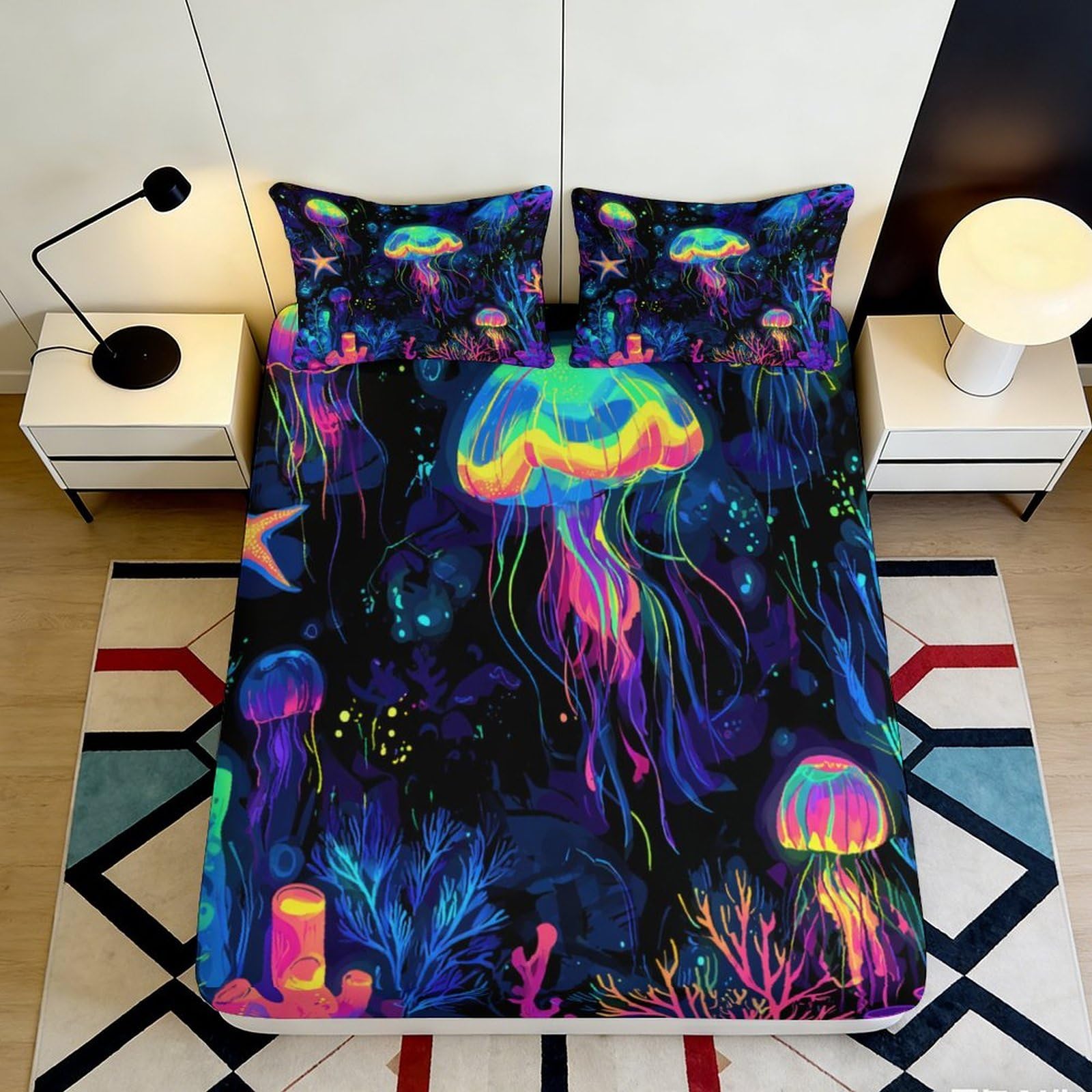 3D Printed Neon Jellyfish Fitted Sheet Microfiber Anti-Slip Mattress Cover Underwater Coral Bed Decor Machine Washable 180x200x25cm