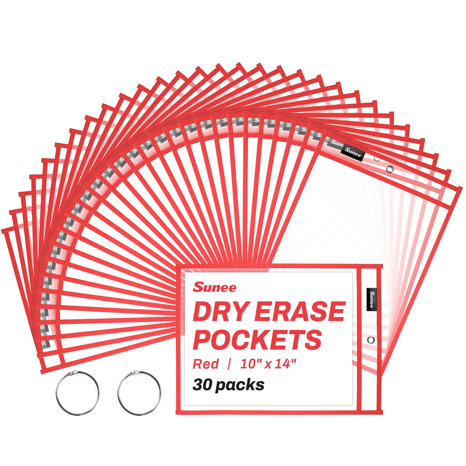 SUNEE 30 Packs Oversized Reusable Dry Erase Pocket Sleeves with 2 Rings, Red 10x14 Ticket Holders, Clear Plastic Sheet Protectors, Teacher School Classroom Supplies