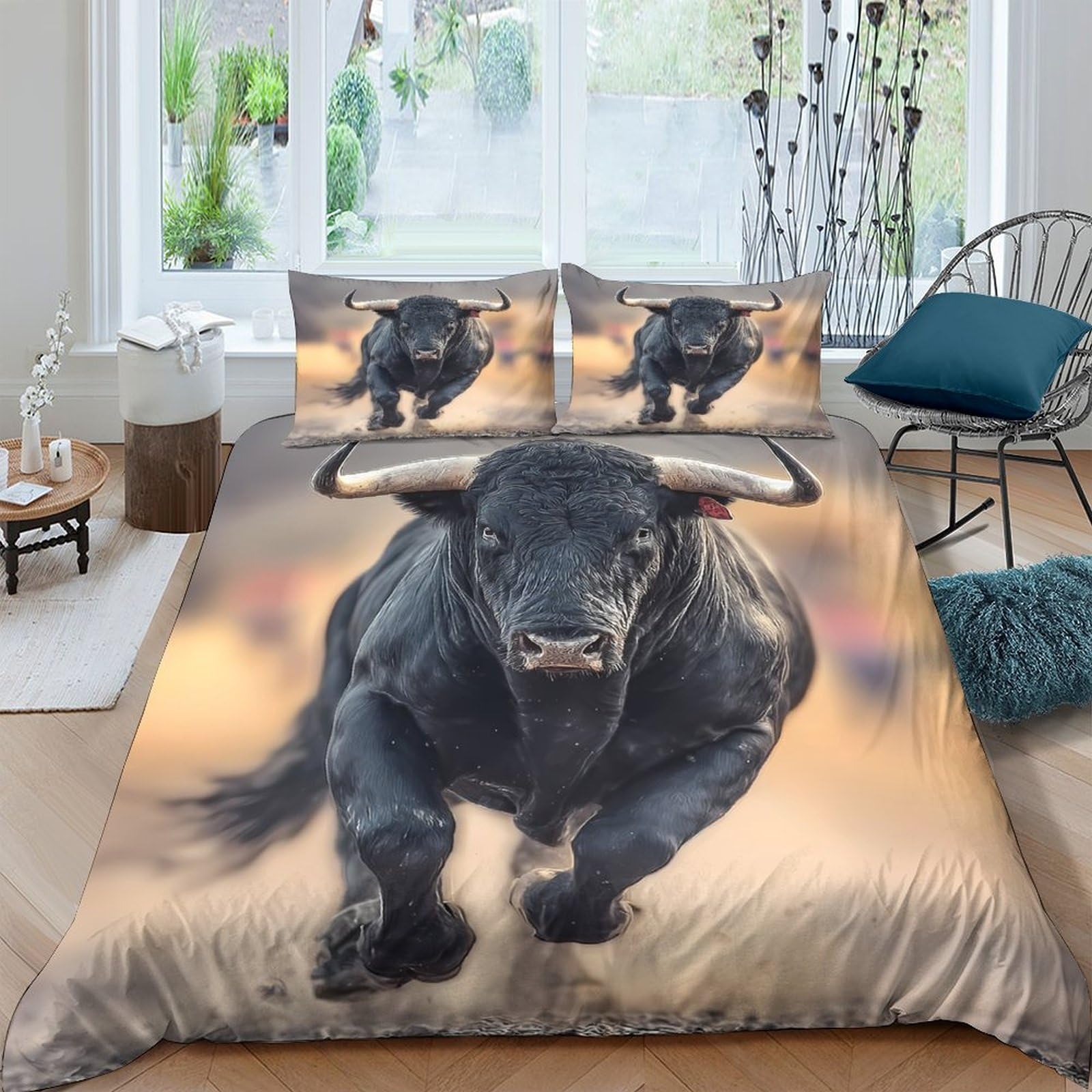 XFKLYNVCJ 3D Printed Bull charging Bedding Cover Microfiber Wild animal action Comforter Cover Hypoallergenic Fade Resistant for Teen Bedroom Young Adults Daily Bedding Use King（220x240cm）