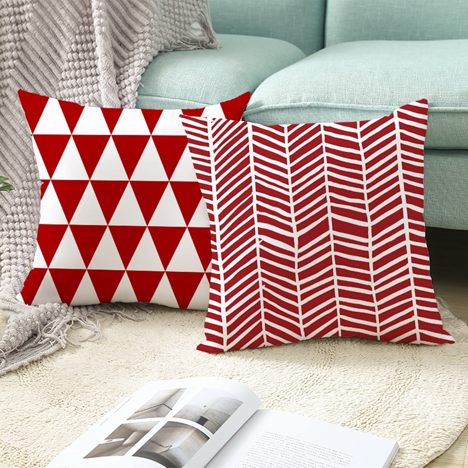Federe per Cuscino, Fodere 45x45 Cuscini 6 Pezzi Federe Divani Rosso Bianco Striscia e Reticolo in Tinta Unita, Poliestere
