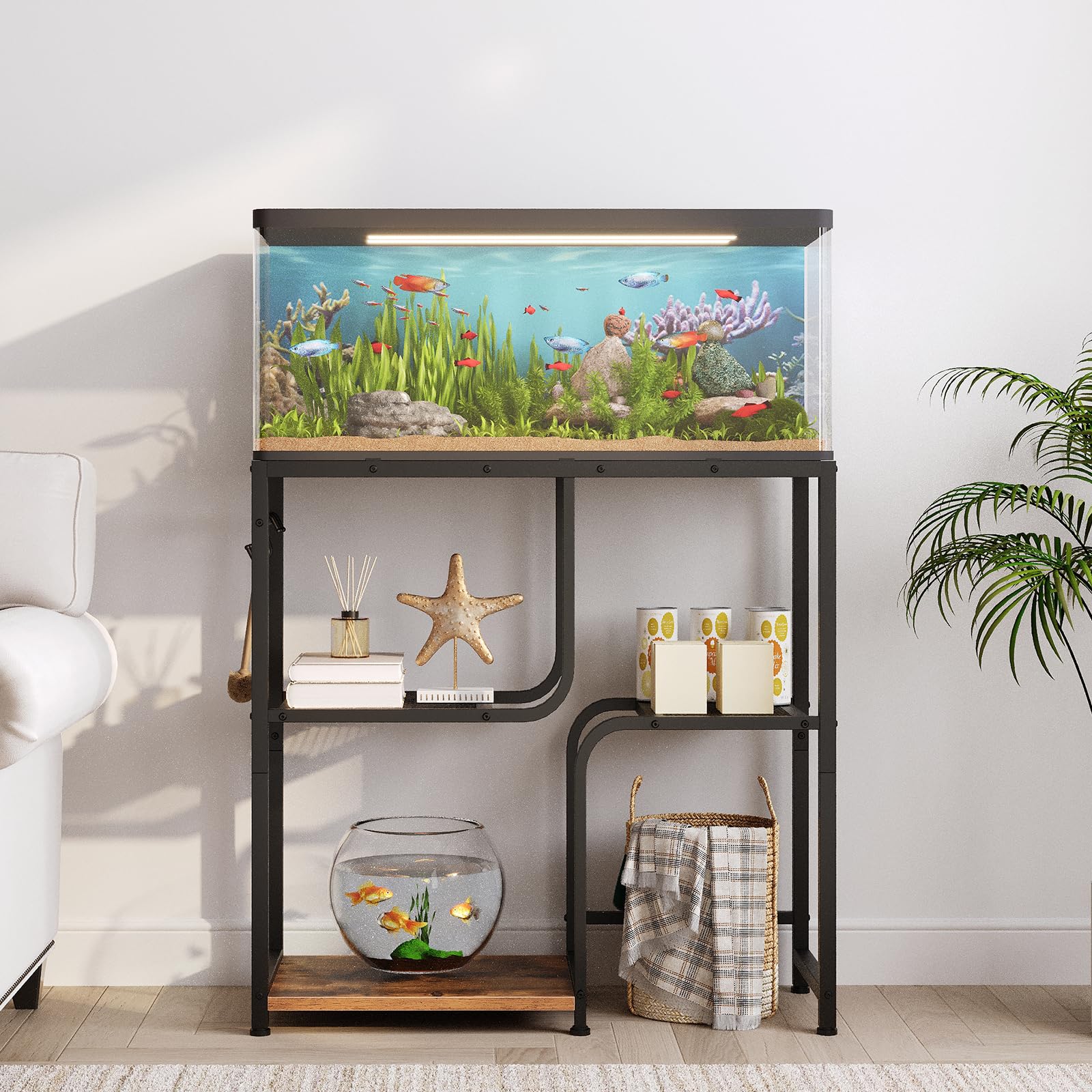 HOOBRO Support pour Aquarium de 76 L avec Tringle et 3 Crochets en S, Support pour Terrarium à 6 Pieds Réglables, avec 2 Étagères Grillagées et 1 Tablette, Chambre, Marron Rustique et Noir EBF74FT01