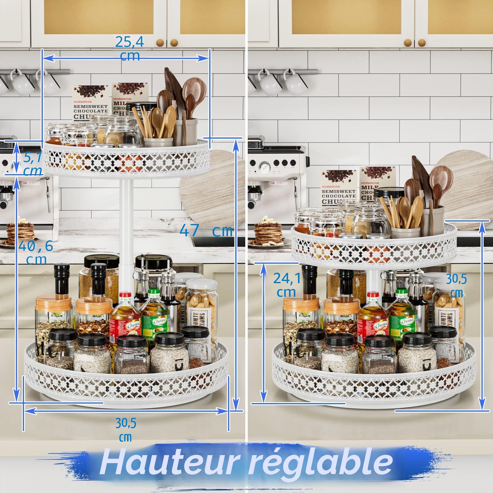 Plateau tournant, organiseur à 2 niveaux – 30,5 cm, réglable en métal pour armoire, garde-manger, cuisine, comptoir, table à manger, placard, salle de bain, meuble de rangement, blanc