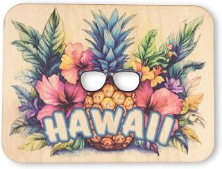 Hawaii Pineapple Wood Magnet, Tropical Flowers Souvenir Keepsake, 3 x 2.25 Inches