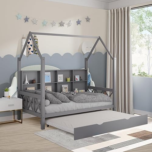 Miniatura 22 de Cama individual con cama nido y techo para niños, marco de cama de madera tamaño individual con estantes de almacenamiento, barandillas de madera,