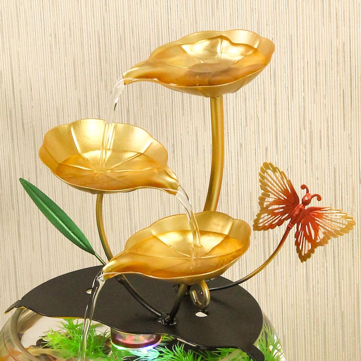 Modern Gold Indoor Water Fountain with Butterfly and Aquatic Plant Fish Tank - Decorative Waterfall Tabletop Fountain for Home and Office(#A)