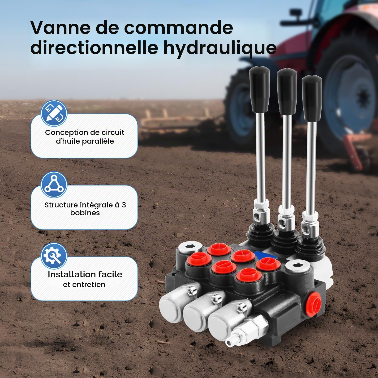 MINRS Vanne hydraulique de commande manuelle à 3 voies 3600psi 600 l/min Cylindre hydraulique à double action Valve de commande de direction hydraulique pour tracteur, chargeur, remorque