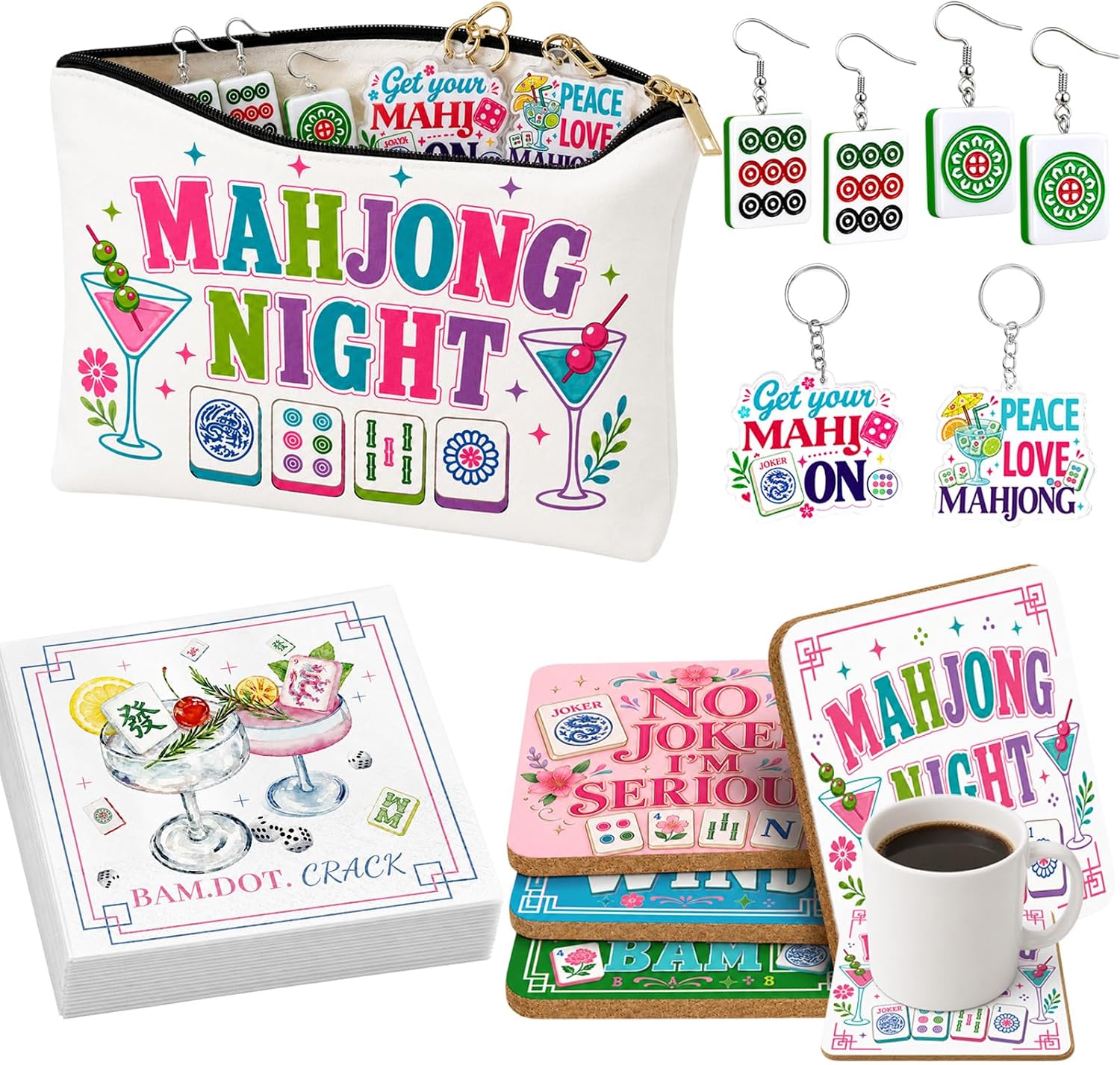 Mahjong Gifts for Women, 10-Piece Mahjong Night Gift Set with Makeup Bag, 4 Coasters, Cocktail Napkins, 2 Pairs of Earrings and 2 Acrylic Keychains, Hostess Gift for Mahjong Lovers