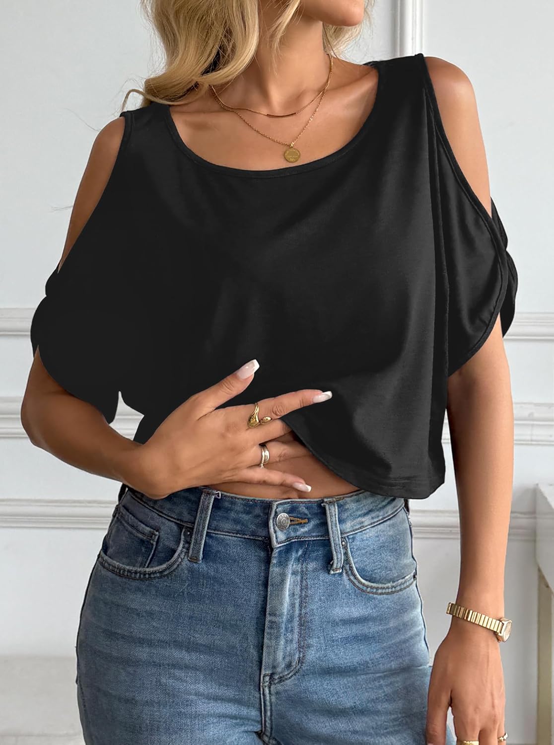 Hilinker Women Cut Out Crop Tops Sexy Going Out Tees Summer Cold Shoulder T Shirt - Image 3