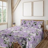 Vista 18 de Ambesonne Forest Sheet Set, Fantasy Jungle Floral Ornaments and Leaves Exotic Print Artwork, Fitted and Flat Sheet with Pillowcases Bedding Accent 4