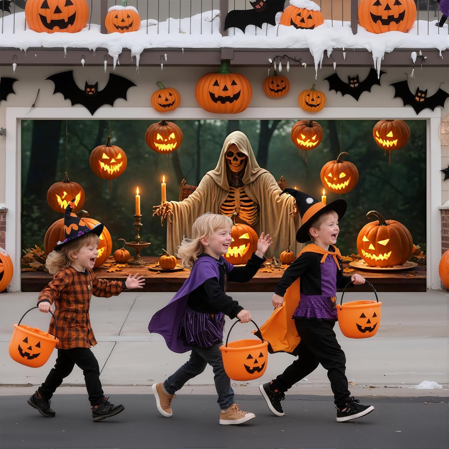 3Pcs Happy Halloween, Happy Thanksgiving & Merry Christmas and New Year Garage Door Banner 157.5 x 72.8 Inch Halloween Garage Door Cover Fall Thanksgiving Xmas Backdrop Hanging Decorations