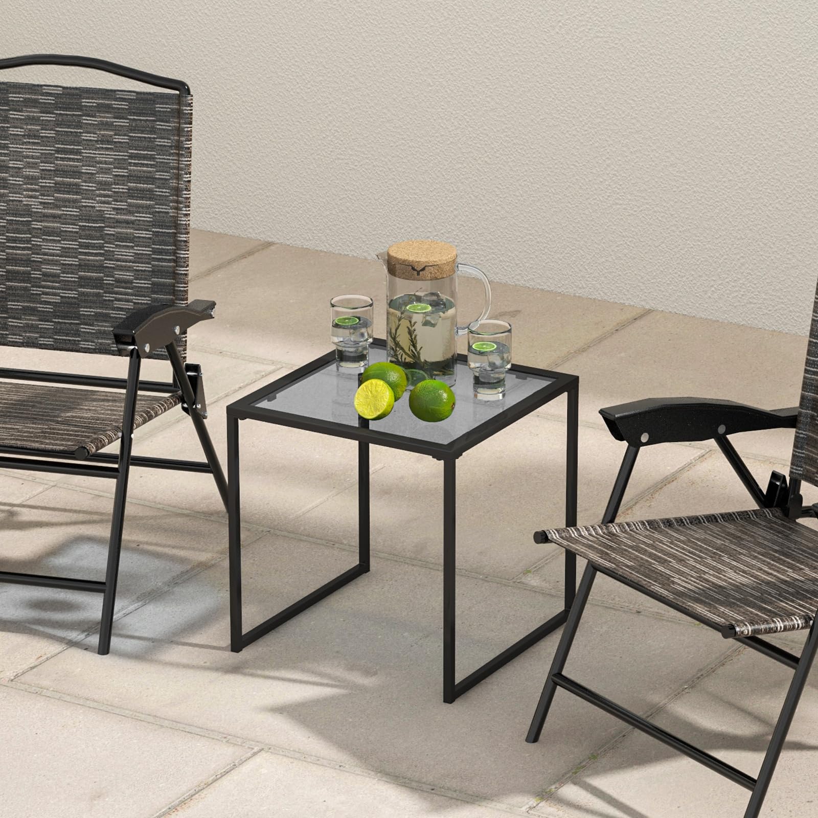 KOMFOTTEU Tavolino da esterno con piano in vetro temperato, tavolo basso, telaio in metallo, carico di 30 kg, tavolo laterale per patio, balcone, soggiorno, 43 x 43 x 45 cm, nero