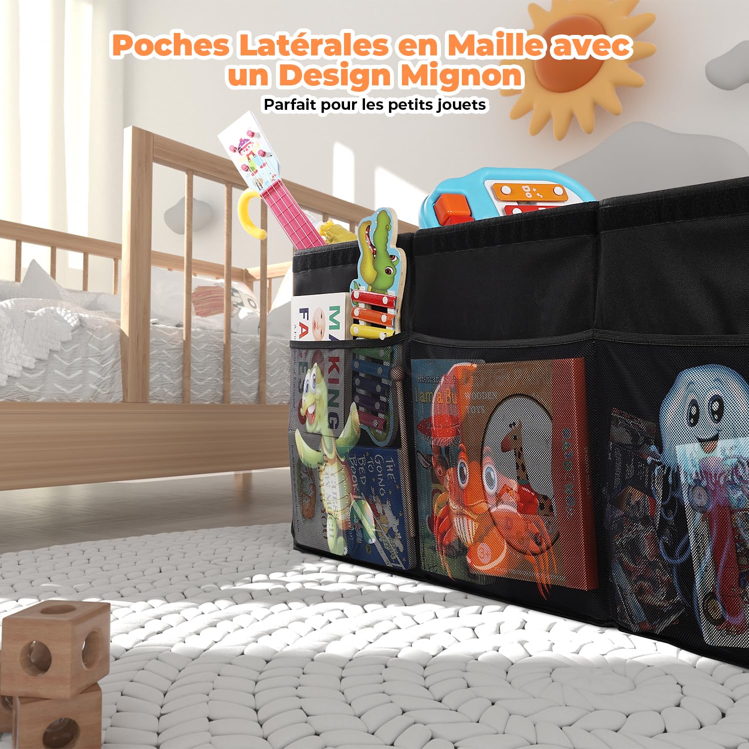 YOHOOLYO Coffres à Jouets Boîte de Rangement pour Enfant Pliable 123L 94 x 41 x 32 cm en Tissus 600D Oxford avec Couvercle Transparent Amovible pour Chambre d'enfant (Animaux Marins)