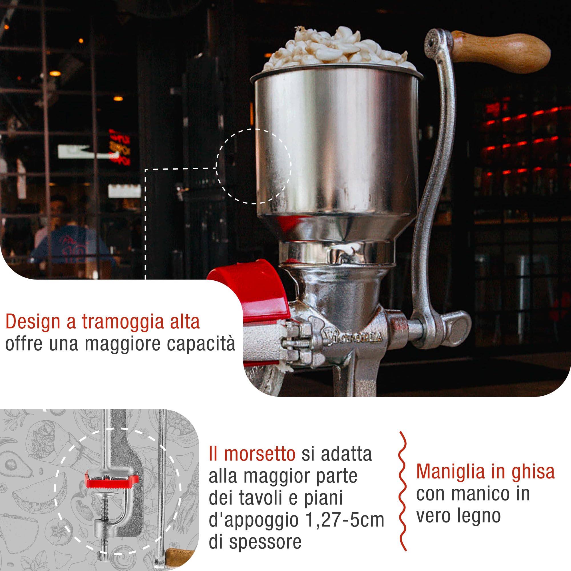 Victoria Mulino Grano Manuale Macinino Cereali in Ghisa per Macinare Caffè, Mais, Avena, Spessore di Macinatura Regolabile, Tramoggia Alta, Grain Grinder con Morsetto da Tavolo