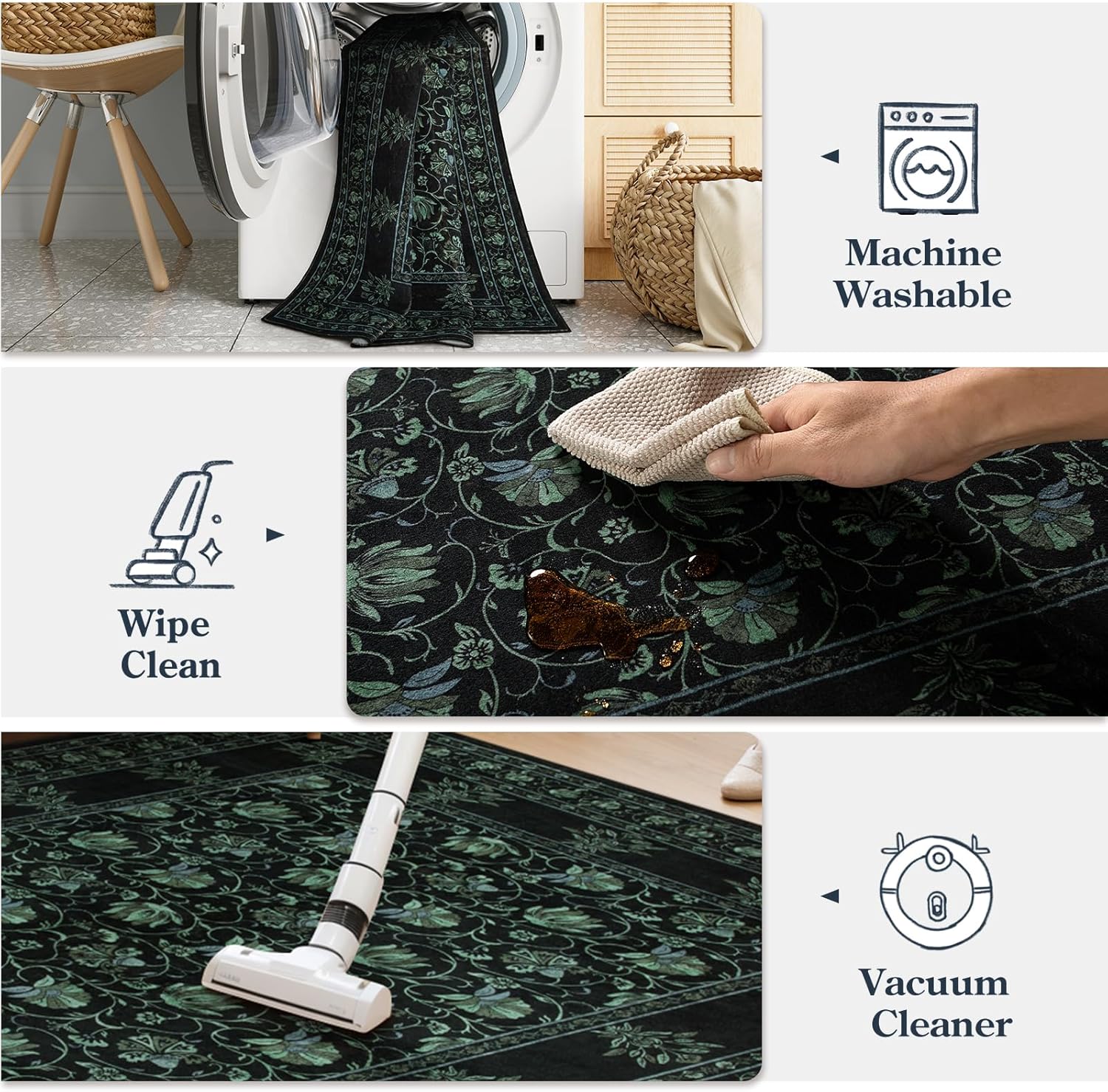 Lahome Black Kitchen Runner Rug 2x6, Low Plie Rug Runners for Hallways Non Slip, Vintage Floral Washable Runner for Entryway Laundry Room Bathroom (2'x6', Black/Green)