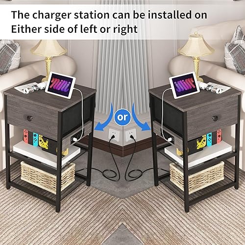 Miniatura 4 de Juego de 2 mesitas de noche con estación de carga, mesitas de noche con cajón 2 en 1 de madera de tela, mesa auxiliar para espacios pequeños, mesa