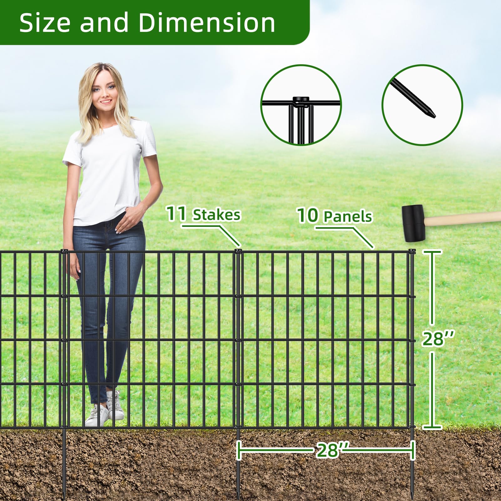 Metall-Gartenzaun Von FOREHOGAR – 10 Paneele à 71,1 Cm, Gesamtlänge 7,1 M, Höhe 71,1 Cm, Mit 11 Erdspießen, Schwarz, Kein Graben Nötig