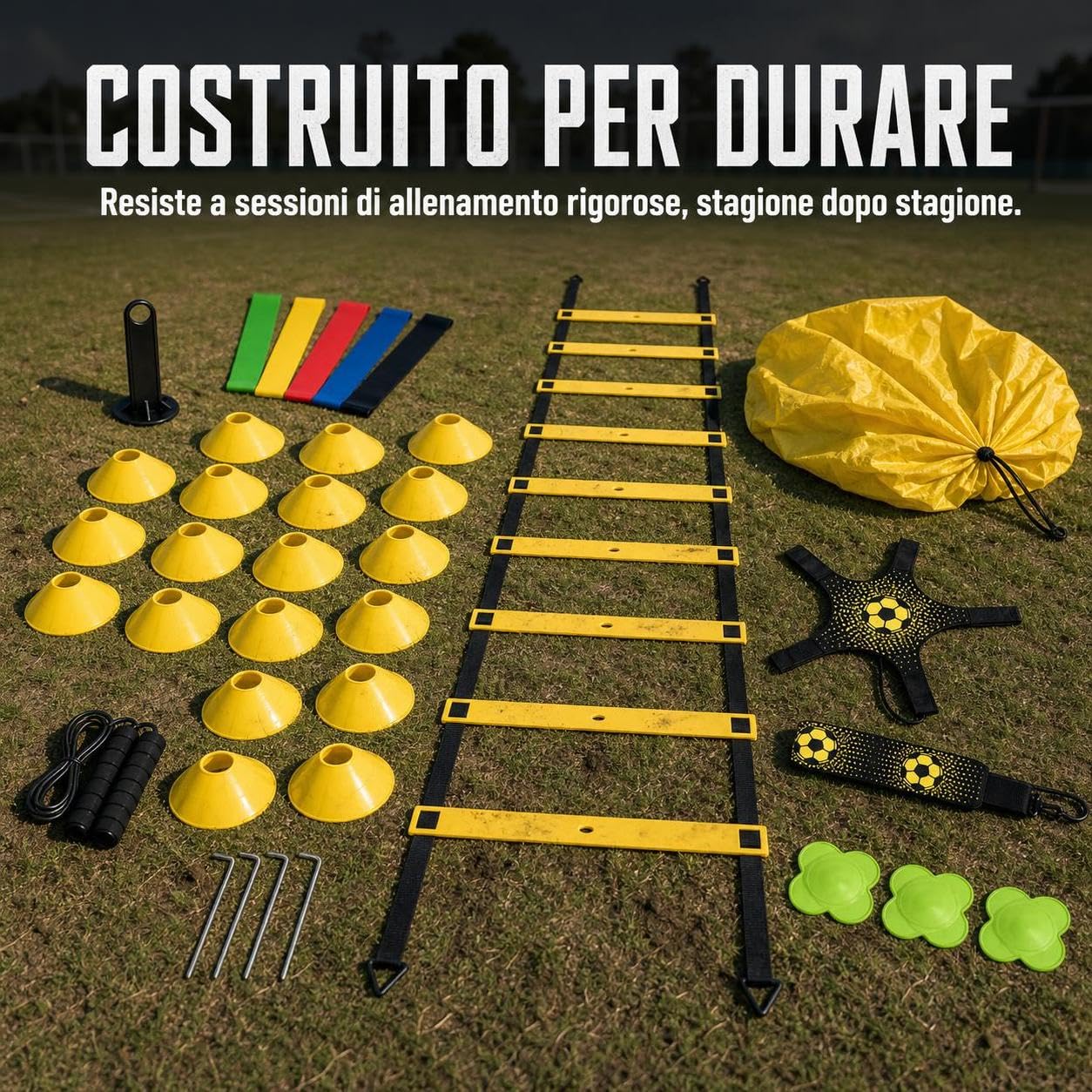 Kit Agilità Calcio Completo con Ostacoli Altezza Variabile Paracadute Resistenza Cintura Fianchi Cinesini Segnaposto Piatti Marcatori Borsa