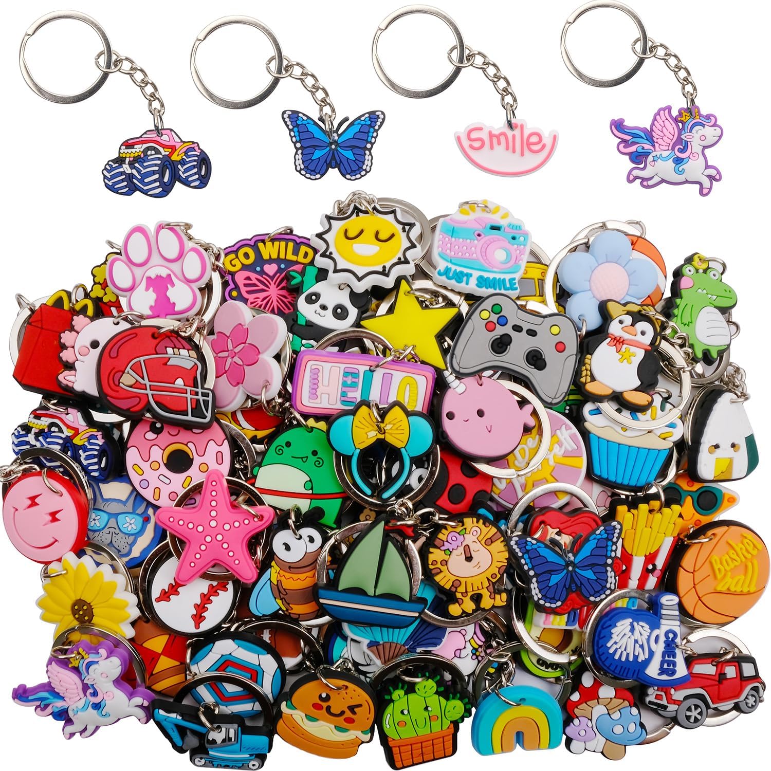 30PCS Assorted Unique Keychains Non-Repeat Cute Designs for Prizes, Holiday Gifts, and Party Favors