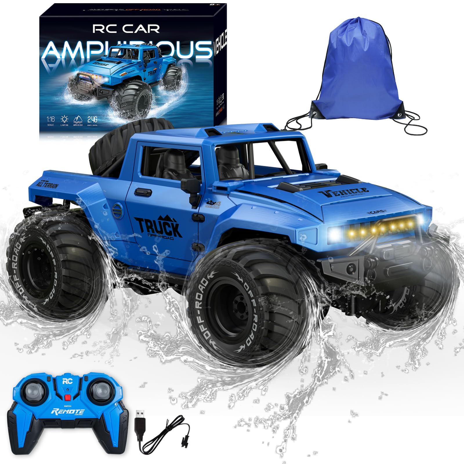 BORSCELLOR Remote Control Car, Amphibious RC Cars 1:16 Waterproof Remote Control Monster Truck Toys for Boys, Off-Road Stunt RC Vehicle 360 Rotation with LED Light for Adults Kids