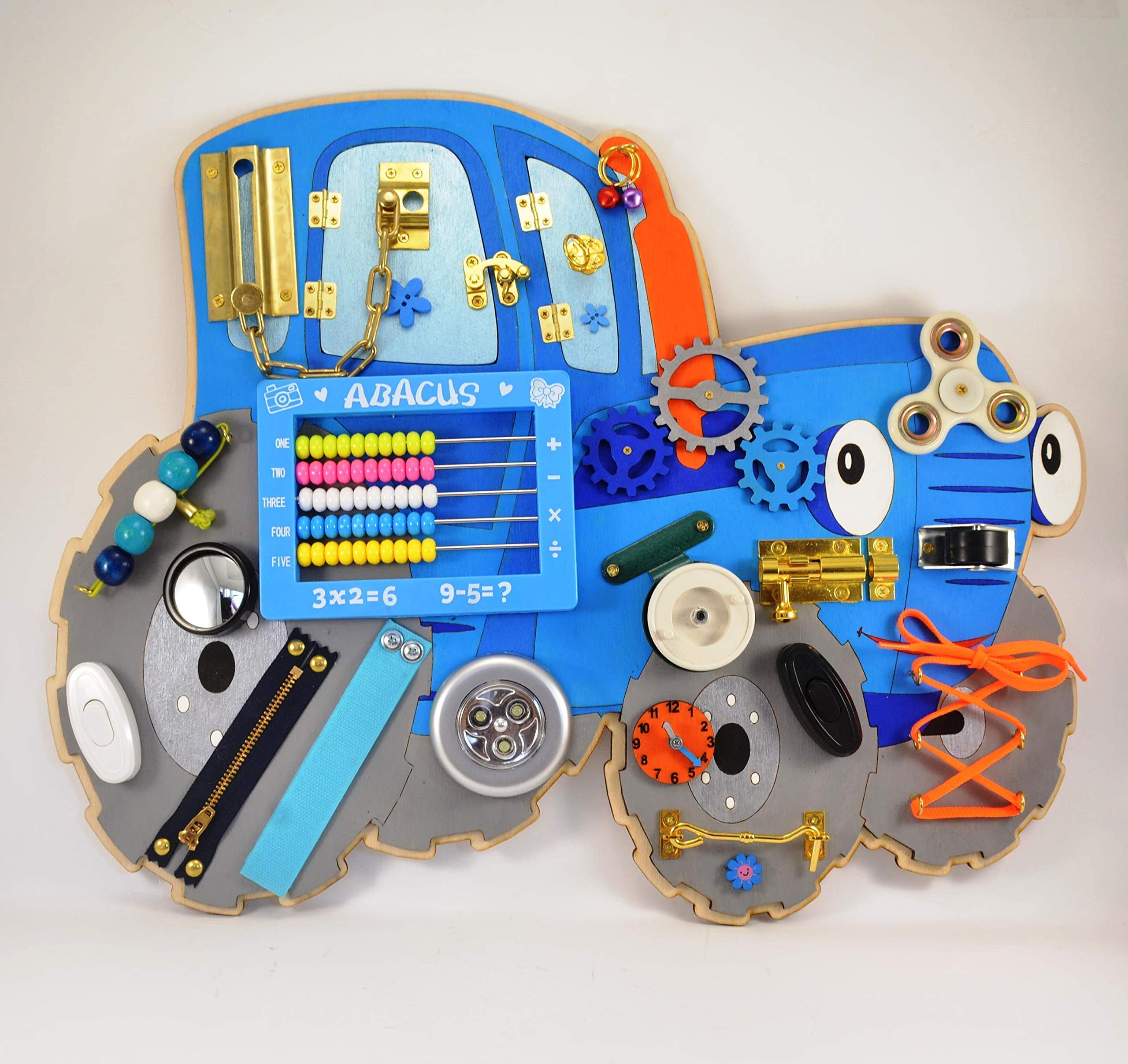 Busy board Blue Tractor, Toddler toy, Baby Gift, Playroom toys Sensory play Montessori at home Special needs Motor Skills Activity toddlers 1st