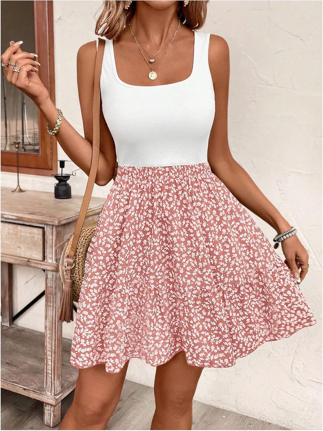 SOLY HUX Summer Dresses for Women Floral Print Square Neck Sleeveless A Line Ruffle Hem Flowy Short Dress - Image 5