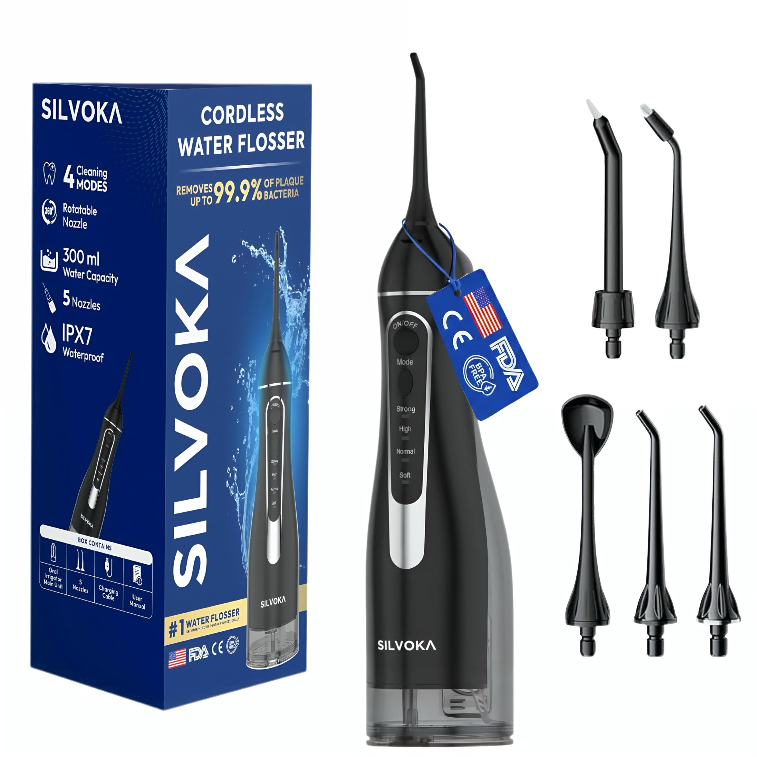 Water Flosser for Teeth, Cordless Oral Irrigator, Portable Dental Flosser with 300ML Tank, 4 Cleaning Modes, IPX7 Waterproof, Rechargeable Water Floss Pick for Braces, Gum Care & Travel