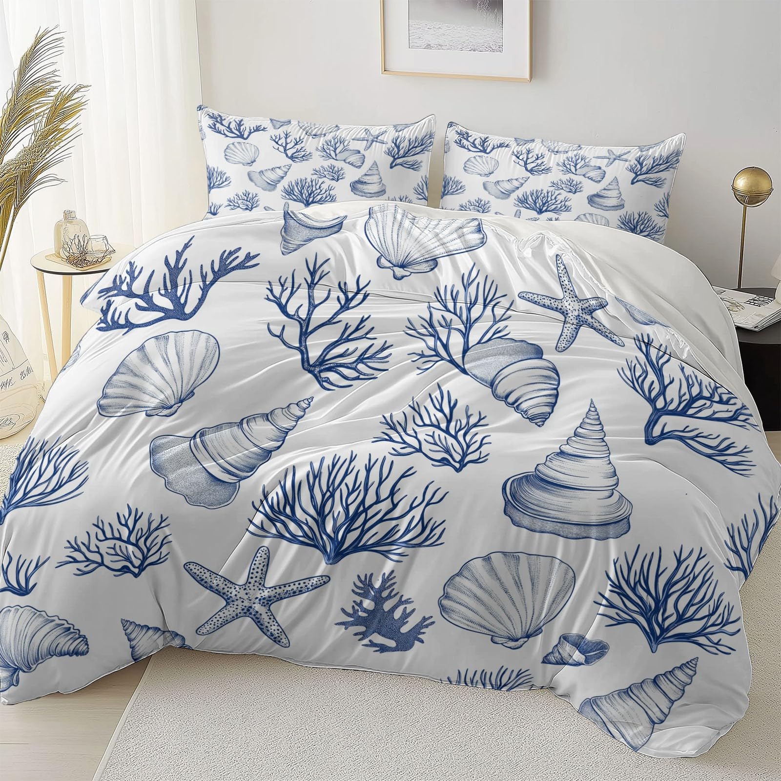 Zestaw poszewek na kołdrę ocean muszla świeży miękki nadruk zestaw pościeli szczotkowana mikrofibra poszewka na kołdrę z poszewkami na poduszki 260 x 220 cm prezenty dla mamy sypialnia dekoracja biały
