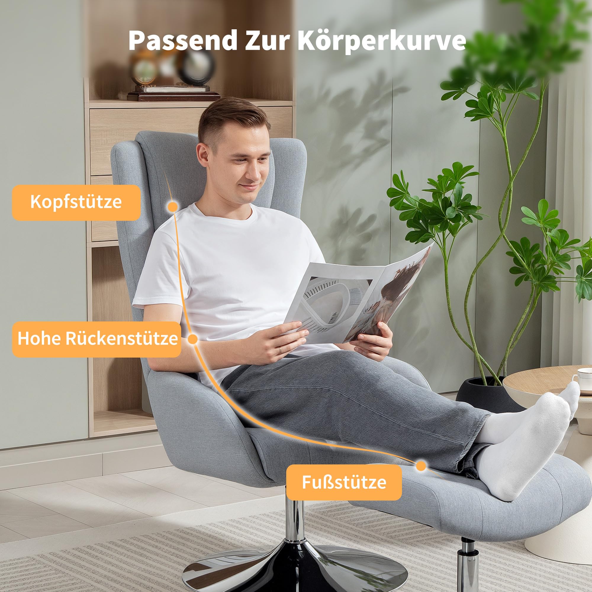 HOMCOM Relaxsessel mit Hocker, 360°drehbarer Fernsehsessel mit hoher Rückenlehne, TV-Sessel mit Samtoptik, Kopfstütze, Metallsockel, Polstersessel für Wohnzimmer, Grau