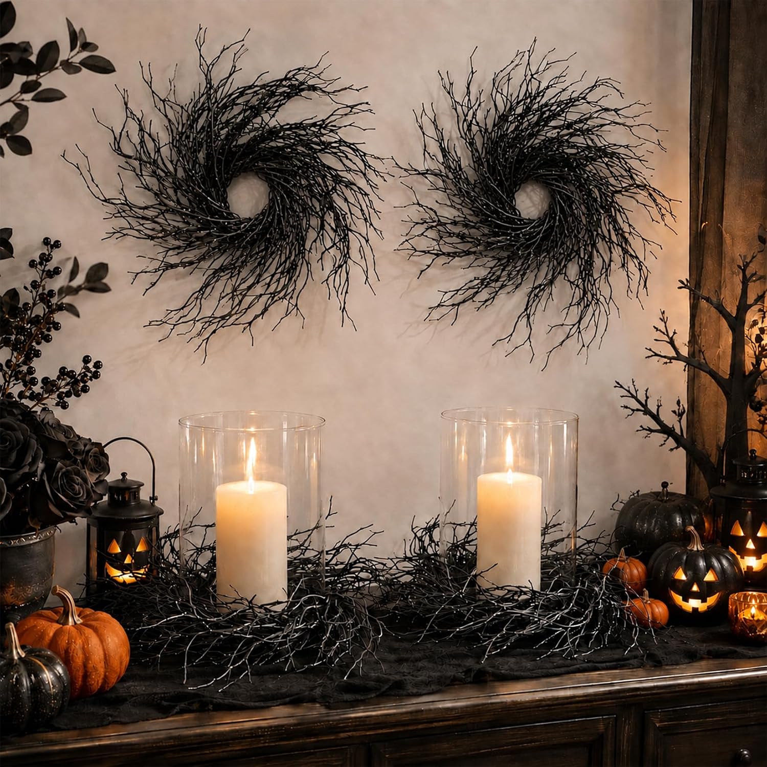 RAINFLOW Halloween Candle Ring Wreaths, 2 PCS Black Twig Candle Wreaths