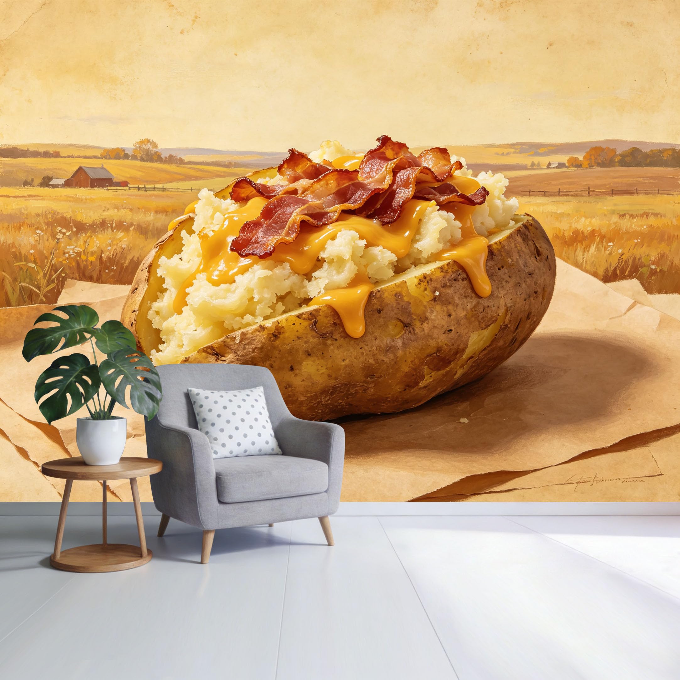 Custom Size Wall Mural Farmhouse Landscape Baked Potato with Bacon and Cheese Rustic Country Kitchen Art SelfAdhesive Wall Fabric Removable Wallpaper for Home Office Decor