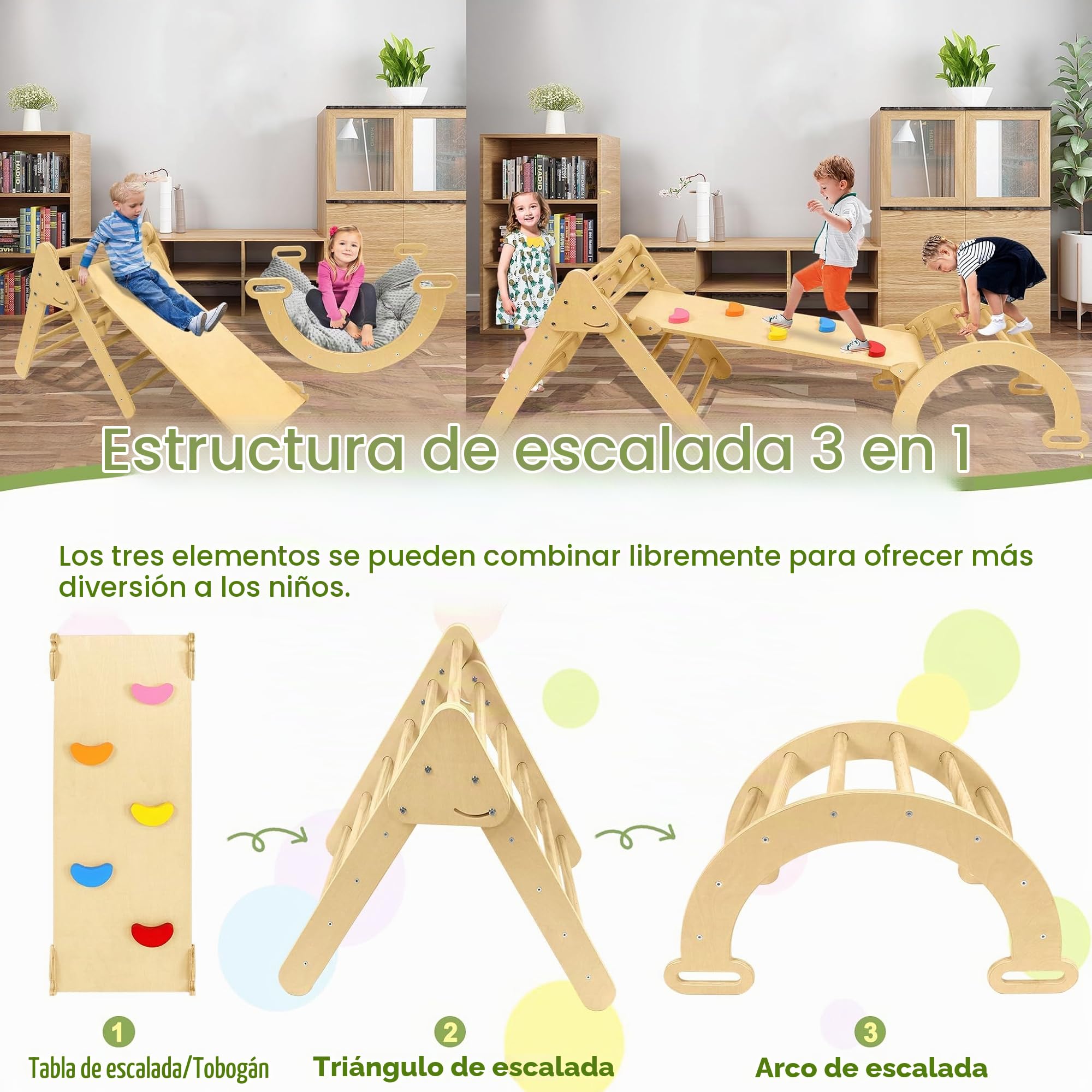 UISEBRT Juego de Estructura de Escalada 3 en 1 para niños, triángulo de Escalada con tobogán, Arco de Escalada y Escalera, Parque Infantil de Madera para Interiores y Exteriores, para