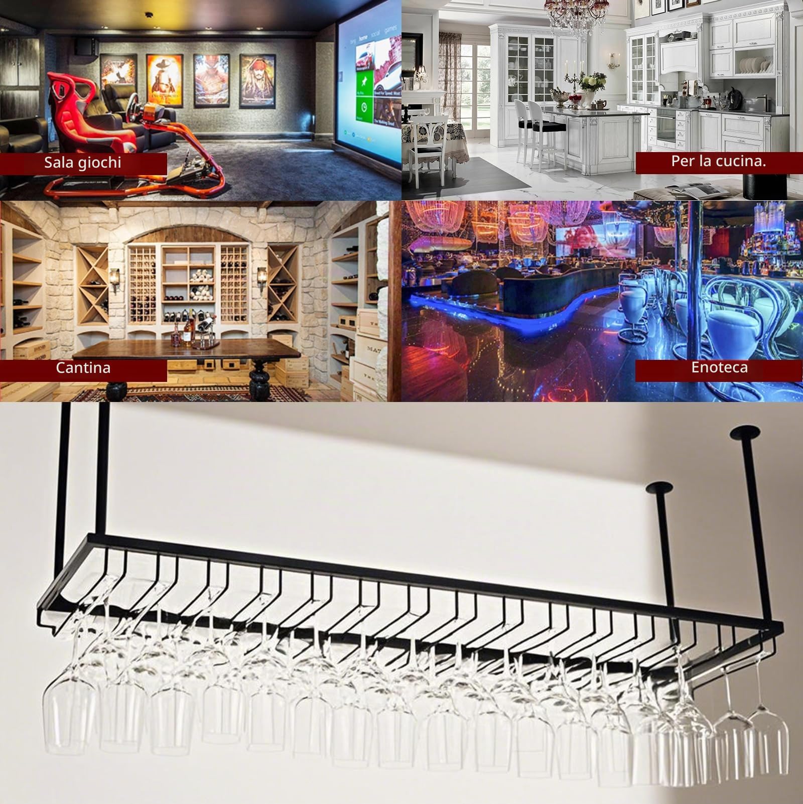 Mensole Sospese Soffitto Alto 30-60cm Regolable Nero 120cm | Portabicchieri Sospeso Metallo, Porta Calici Sospesi Salvaspazio per Sala da Pranzo Home Bar/ Cucina (bk, 120x40x(30-60) cm)