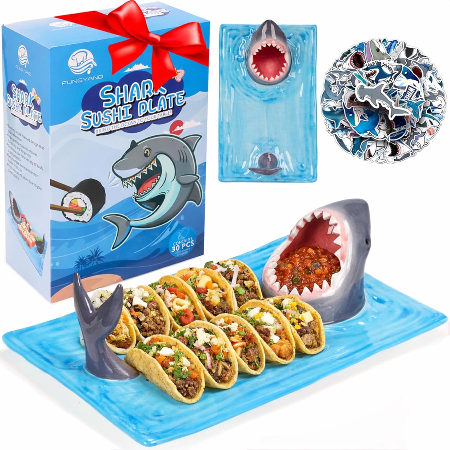 Plato Tiburón Sushi Cerámica 3 en 1, Incluye 40 Stickers, Apto Lavavajillas