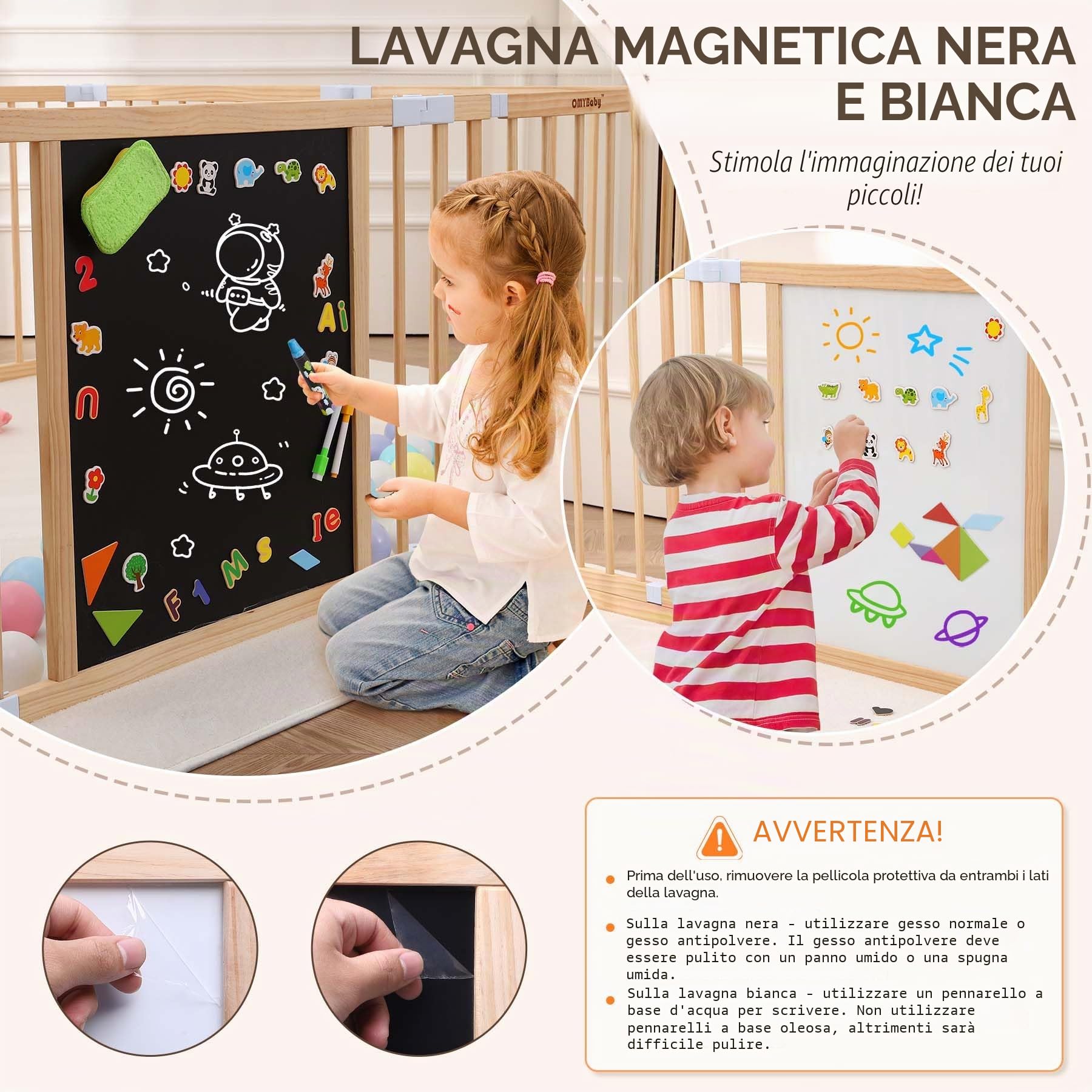 Box per bambini in legno tutto in uno con porta, recinzione da gioco regolabile in legno con lavagna magnetica su entrambi i lati, lavagna bianca e giocattoli per attività Montessori, centro attività