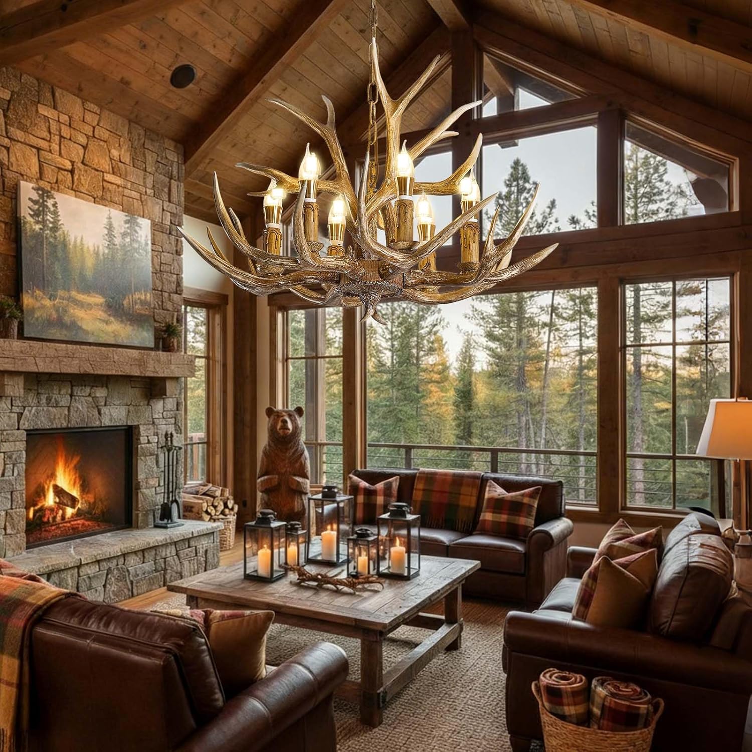 Antlers Chandelier 6 Light,Deer Chandelier Fixtures,Rustic Farmhouse Horn Antler Lighting for Living Room Bedroom Dining Room Kitchen Cafes,Bars,Kitchen Foyer(6 Lamp Arms+ 3 Arms)