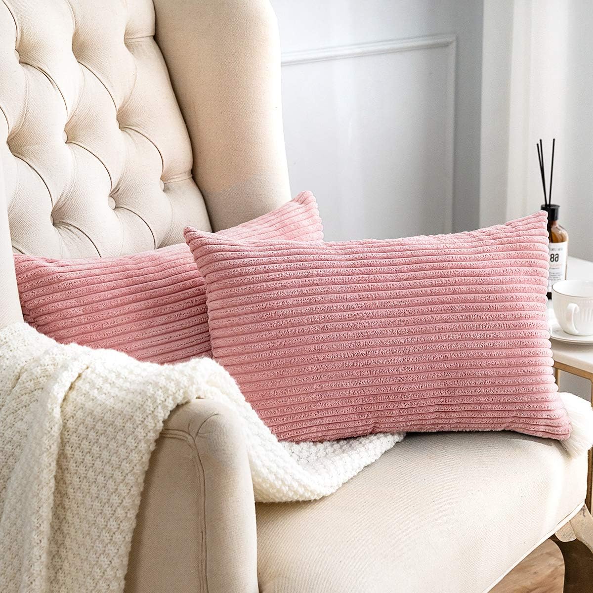 MUDILY Pack of 2 Oblong Soft Velvet Plush Corduroy Decorative Throw Pillow Covers Set Cushion Cases Pillowcases for Sofa Bedroom Car Pink 12 x 20 inch 30 x 50 cm