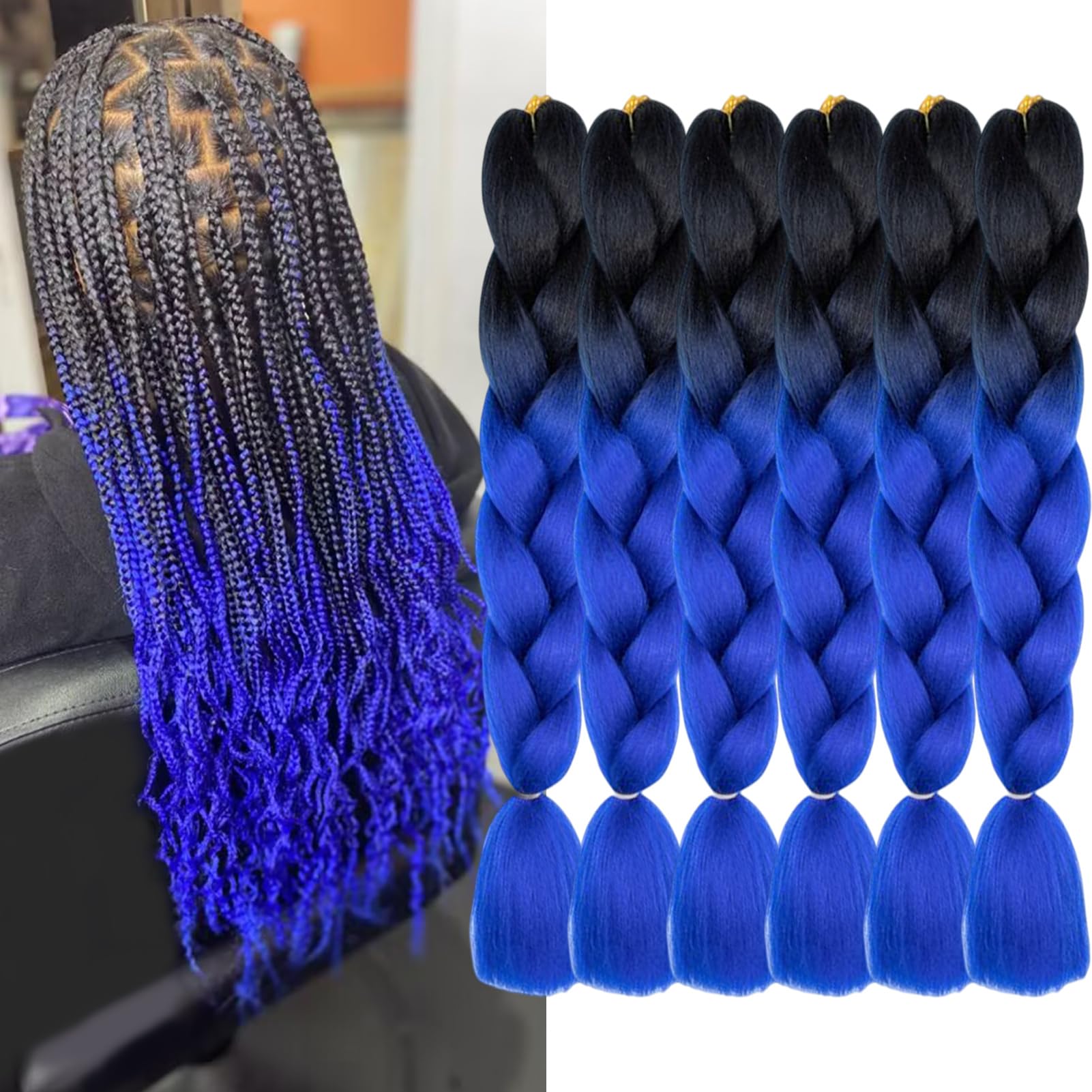 FYRLNA Black to Royal Blue 6 Packs Braiding Hair 24 Inch Synthetic Fiber Itch Free Jumbo Braiding Hair Extensions Yaki Texture Hot Water Setting