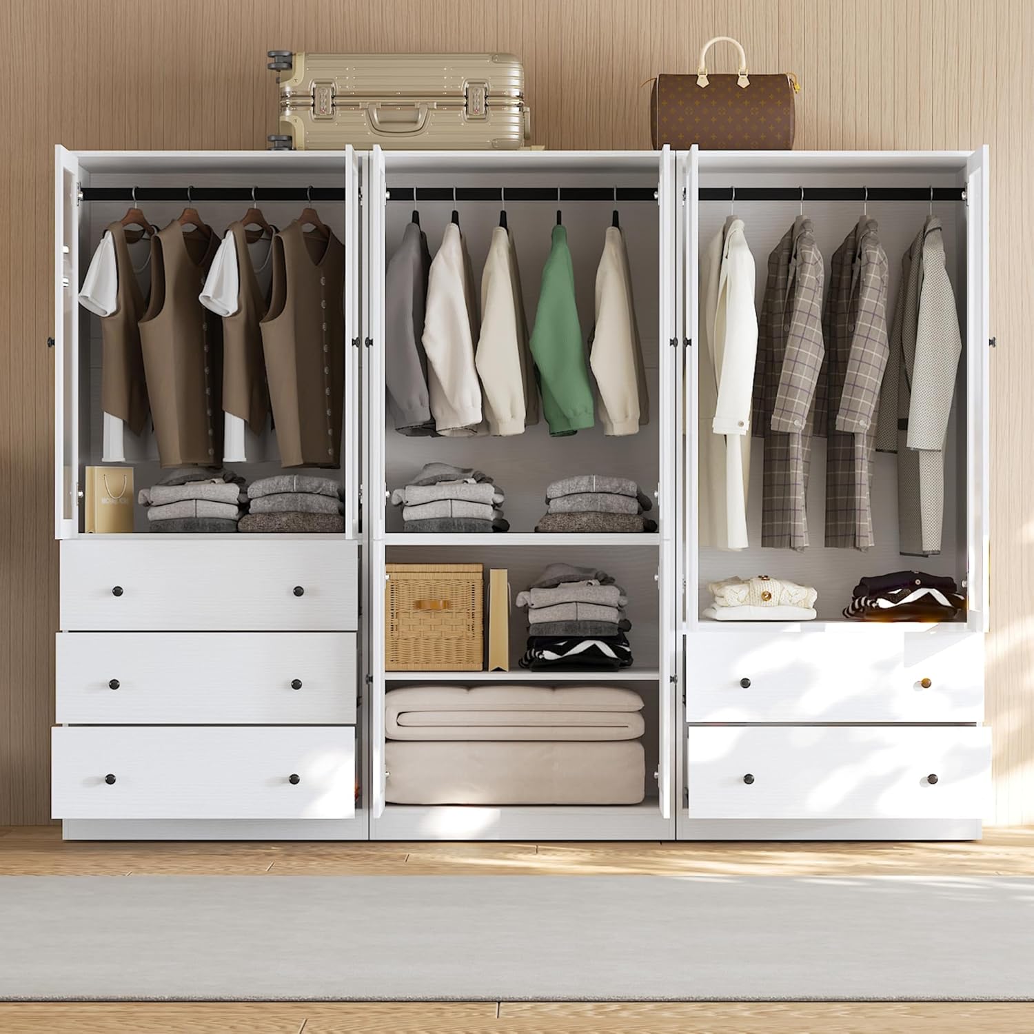 VOWNER 20“D Armoire Wardrobe Closet with Fluted Glass, 71" H Clothing Storage Cabinet with Hanging Rod, 4 Soft-Close Doors Wooden Wardrobe Cabinet for Bedroom, Large Capacity Storage White (AAC)