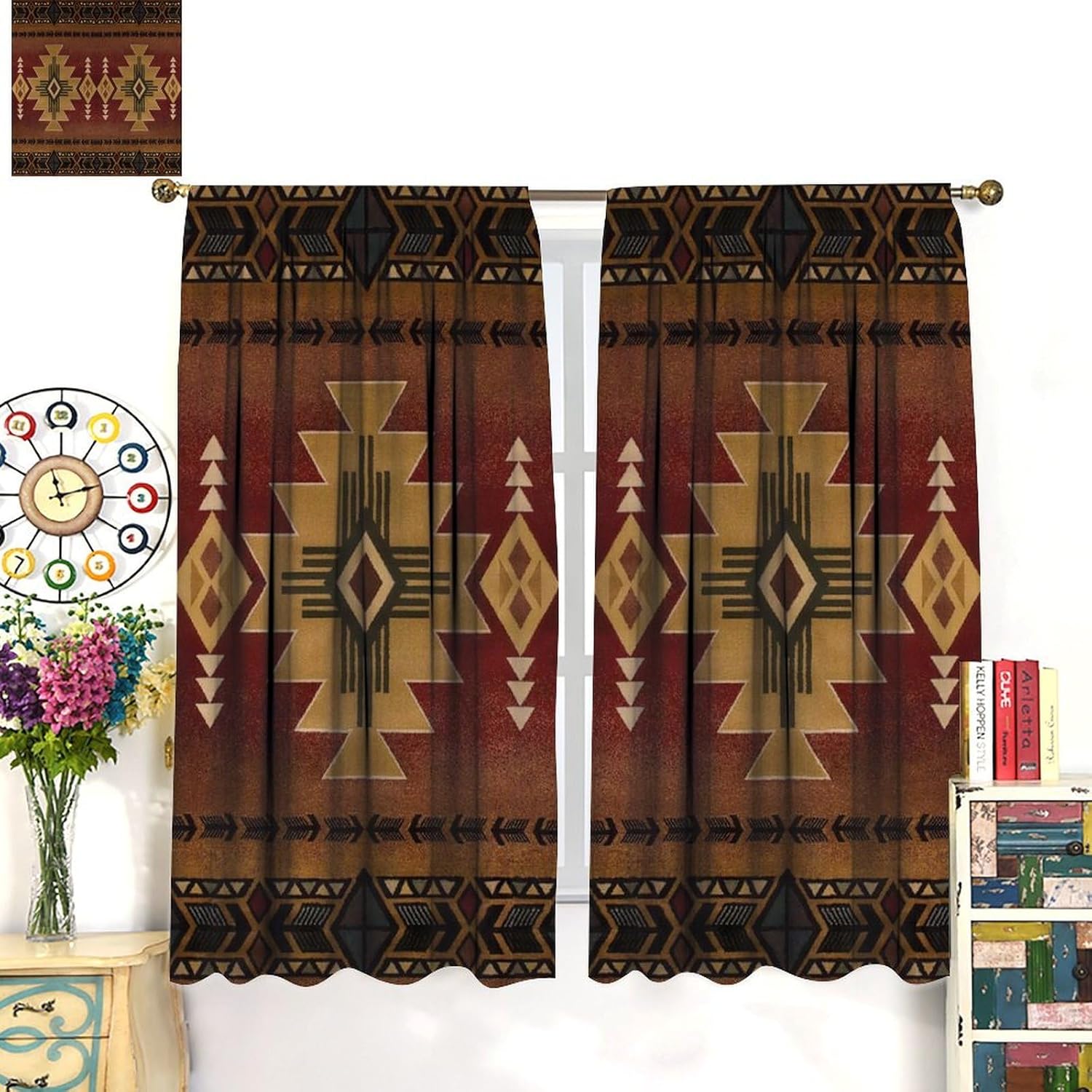 Aztec Patterned Curtains, Traditional Southwestern Navajo Tribal Style Boho Fabric Western Aztec Geometric Window Treatments for Bedroom Living Room Cafe Set 2 Panels,55x63 Inches