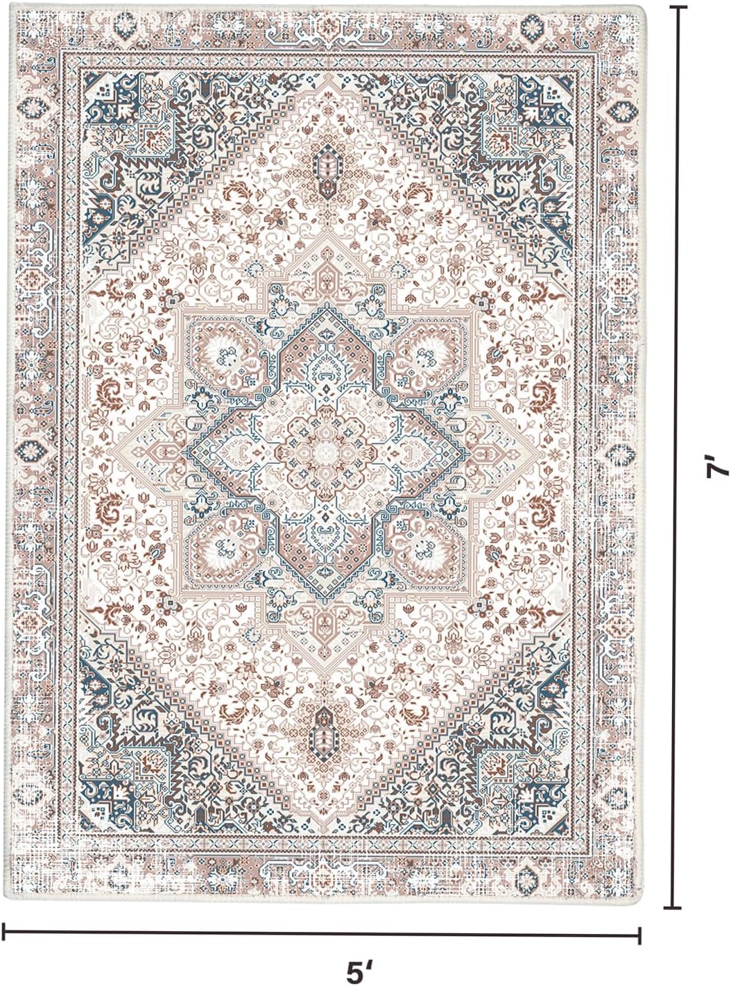 Boho Washable Area Rug, 5' x 7'Indoor Area Rugs for Living Room, Vintage Area Rug 5x7 for Living Room Decor, Non-Slip Backing Area Rugs for Bedroom and Dining Room, Machine Washable(Rust/Blue)