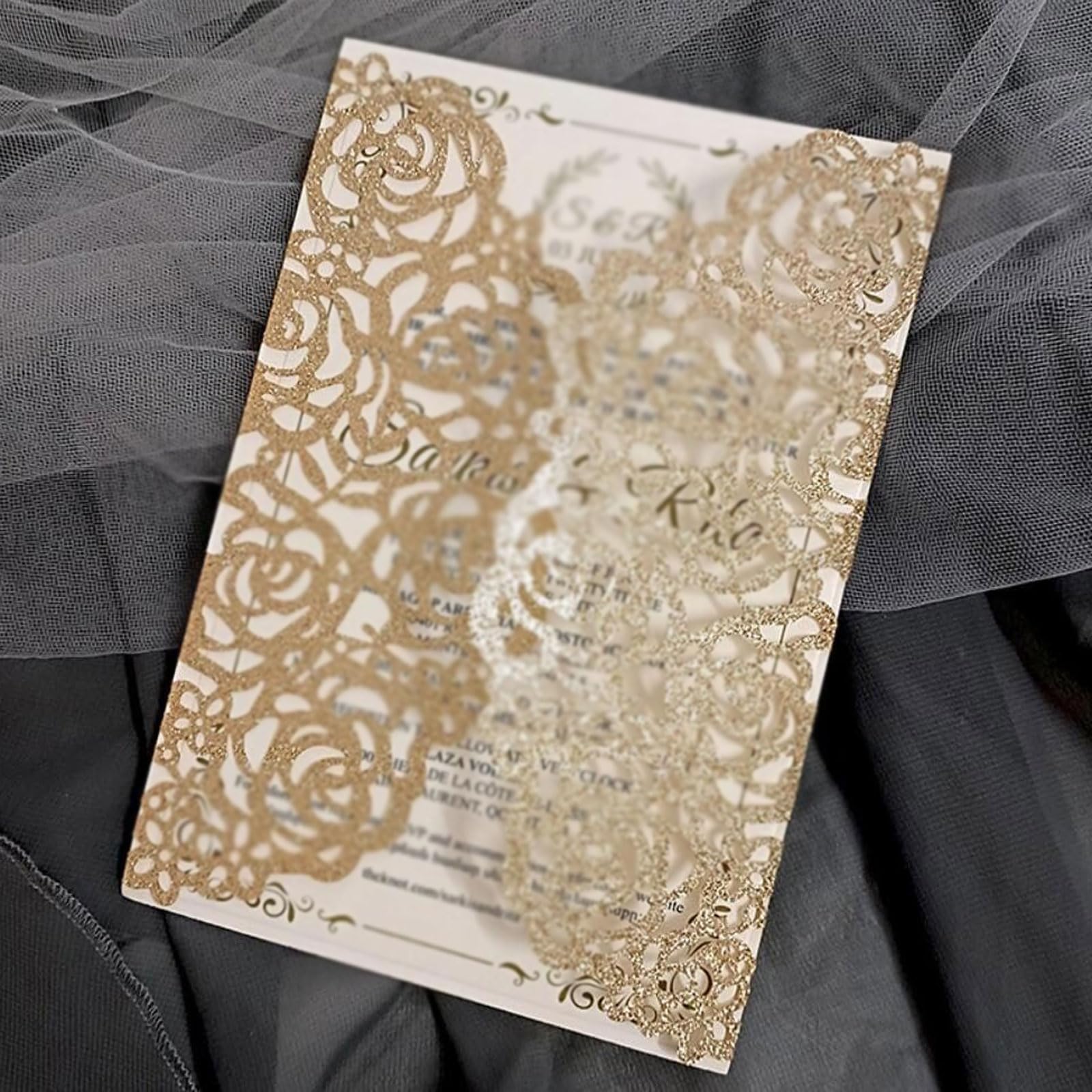 esmen 50 Sets 5 x 7 Cartes d'invitations de Mariage à Fleurs de Rose au Laser, Champange Gold Invitaciones avec Bowknot et enveloppes Invitation pour l'invitation de Mariage