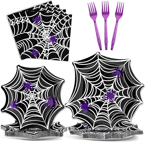Suministros de fiesta de telaraña de Halloween, platos y servilletas de papel, vajilla desechable negra para decoraciones espeluznantes de fiesta de