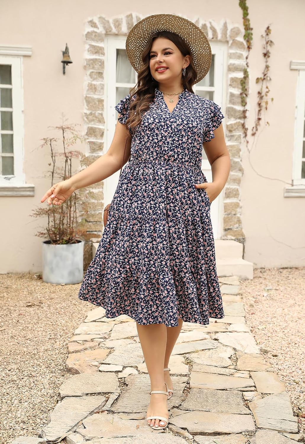 Keluummi Plus Size Wedding Guest Midi Dresses for Curvy Women, Summer Casual Floral Short Sleeve A Line Sundress with Pockets - Image 3
