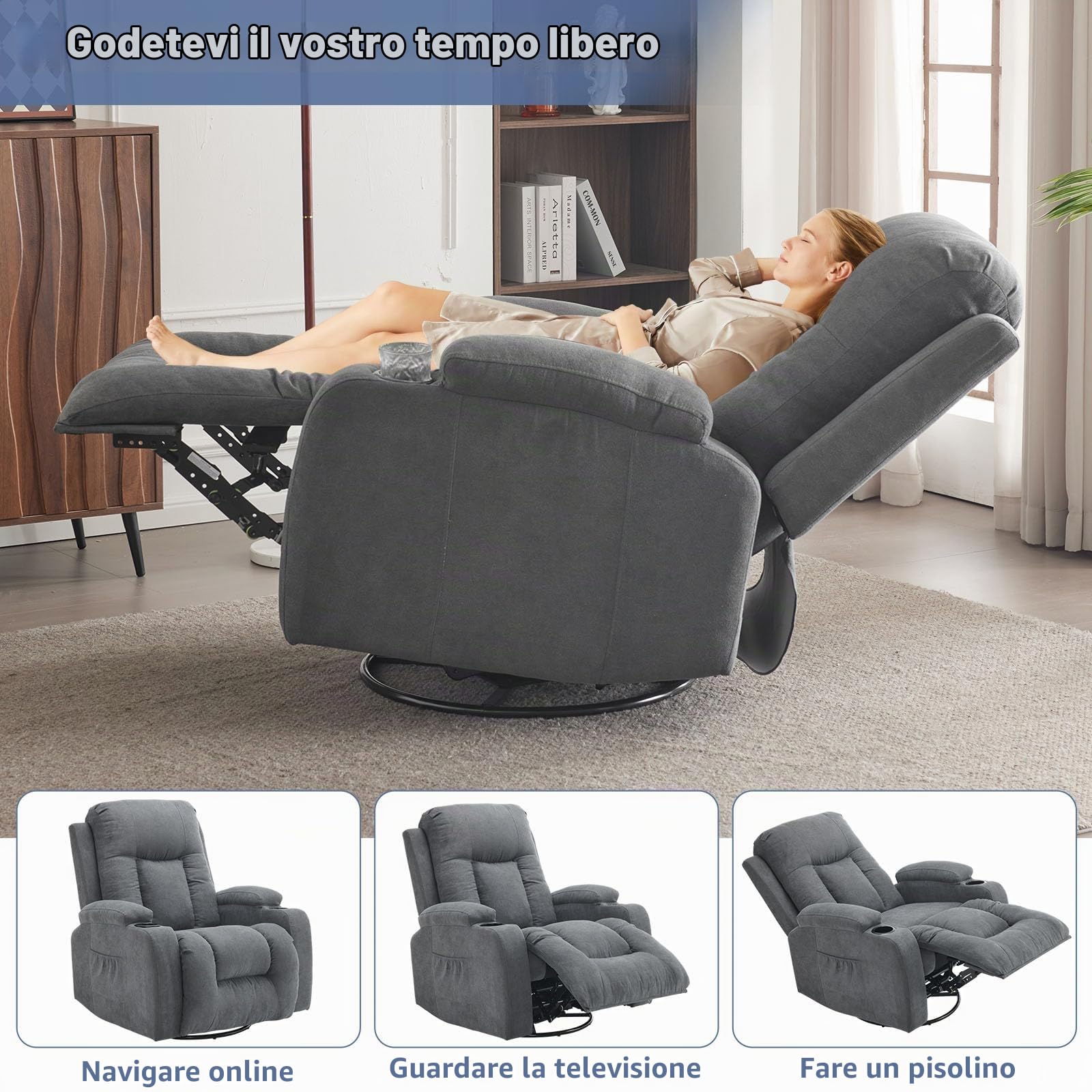 LEADZM poltrona reclinabile Rotazione a 360 gradi Poltrona Relax Con funzione massaggiante e riscaldamento Schienale inclinabile manualmente Grigio scuro