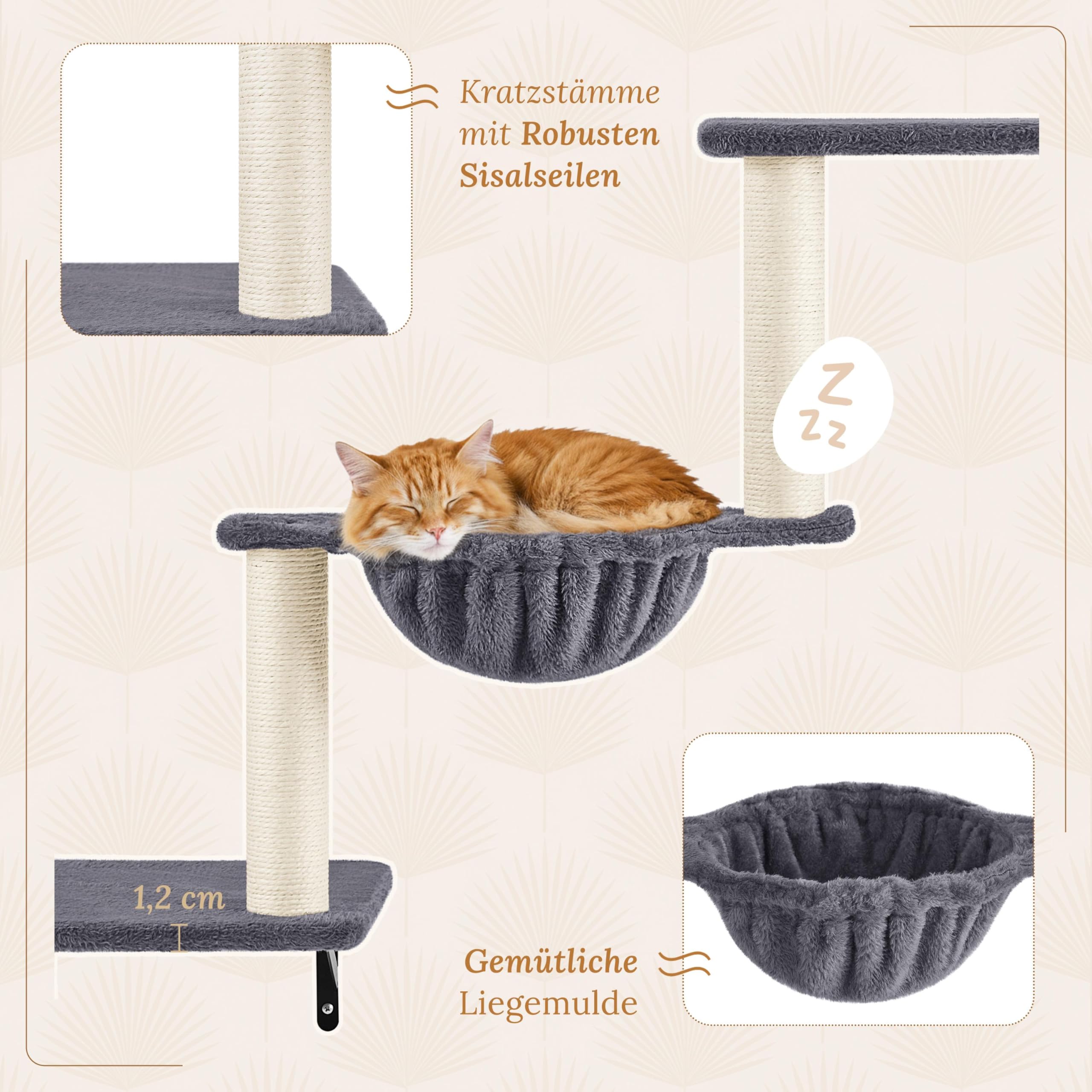 Yaheetech Kletterwand Katzen Wandelemente mit Katzenhaus & Korb dunkelgrau | Kletterwand-Set | Katzen Wandelemente | mit Kratzbrett Kratzsäulen | Ideal für kleine Räume | FSC-zertifizierten Spanplatten