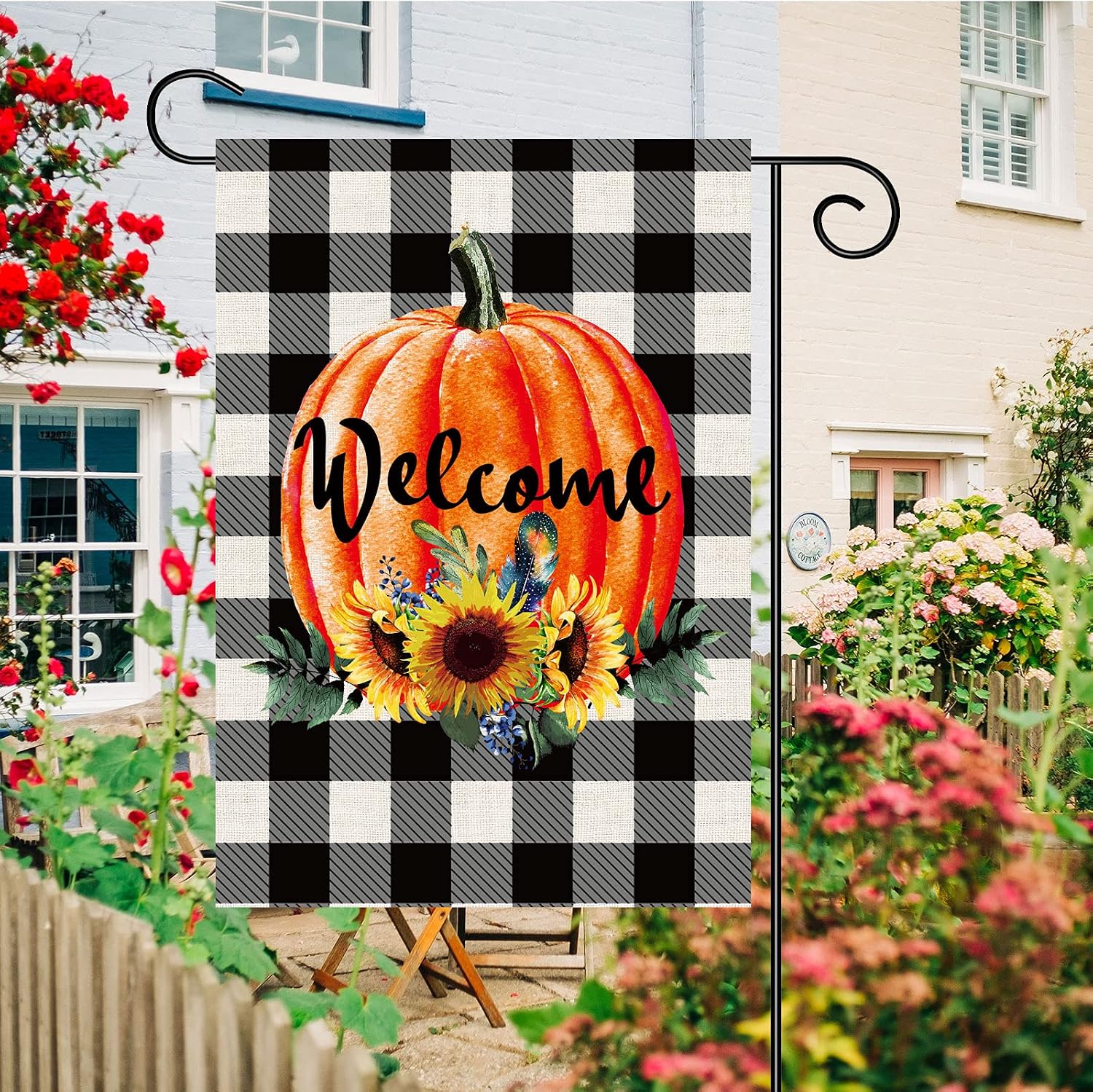 2 Pcs Pumpkin Fall Garden Flags 12x18 Double Sided, Burlap Buffalo Plaid Farm Truck And Sunflower Pumpkin Thanksgiving Garden Flags, Outdoor Yard Decors for Pumpkin Patch Welcome Sign
